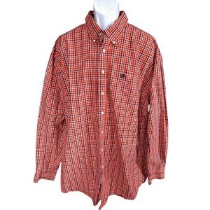 Cinch Long Sleeve Orange & Navy Blue Plaid Button Down Shirt, Men's XXL, NFR
